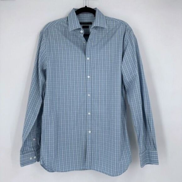 John Varvatos Blue Plaid Button Down Slim Fit Dress Shirt Size 15.5, 34/35 - Picture 1 of 7